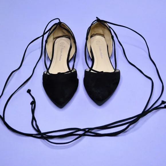 Black Suede Ballerina Flats - Long Ties! - Picture 2 of 7